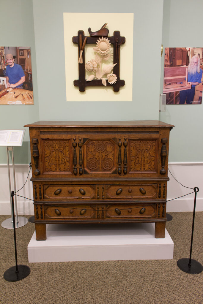 Sunflower chest, detail, circa 1690, Wethersfield, Connecticut, oak, pine, maple, Part of collection at Mission House, MH.F.A.7