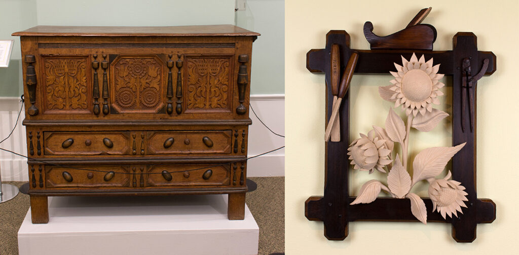 Sunflower chest ca. 1690 (left), Dan's wall carving (right)