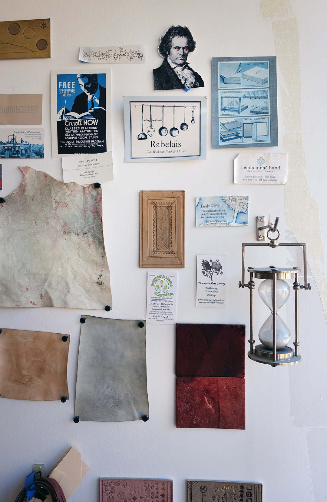 Colin’s wallspace, with various dye tests on leather