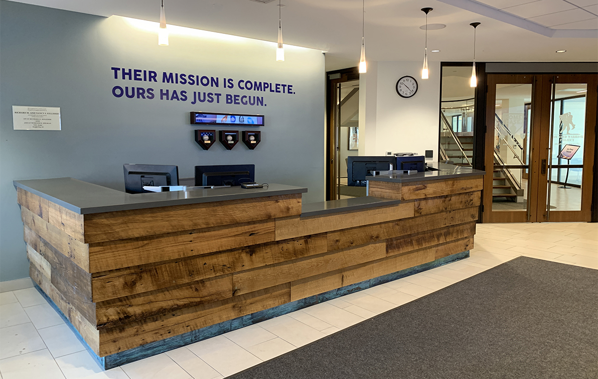 The finished desk and reception area at Home Base