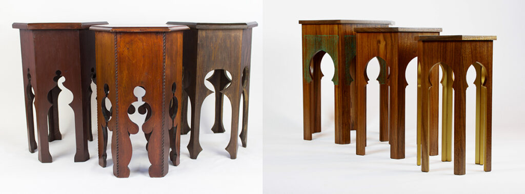 Group of hexagonal tables c. 1910 (left), "Al-hamra Tables" (right)