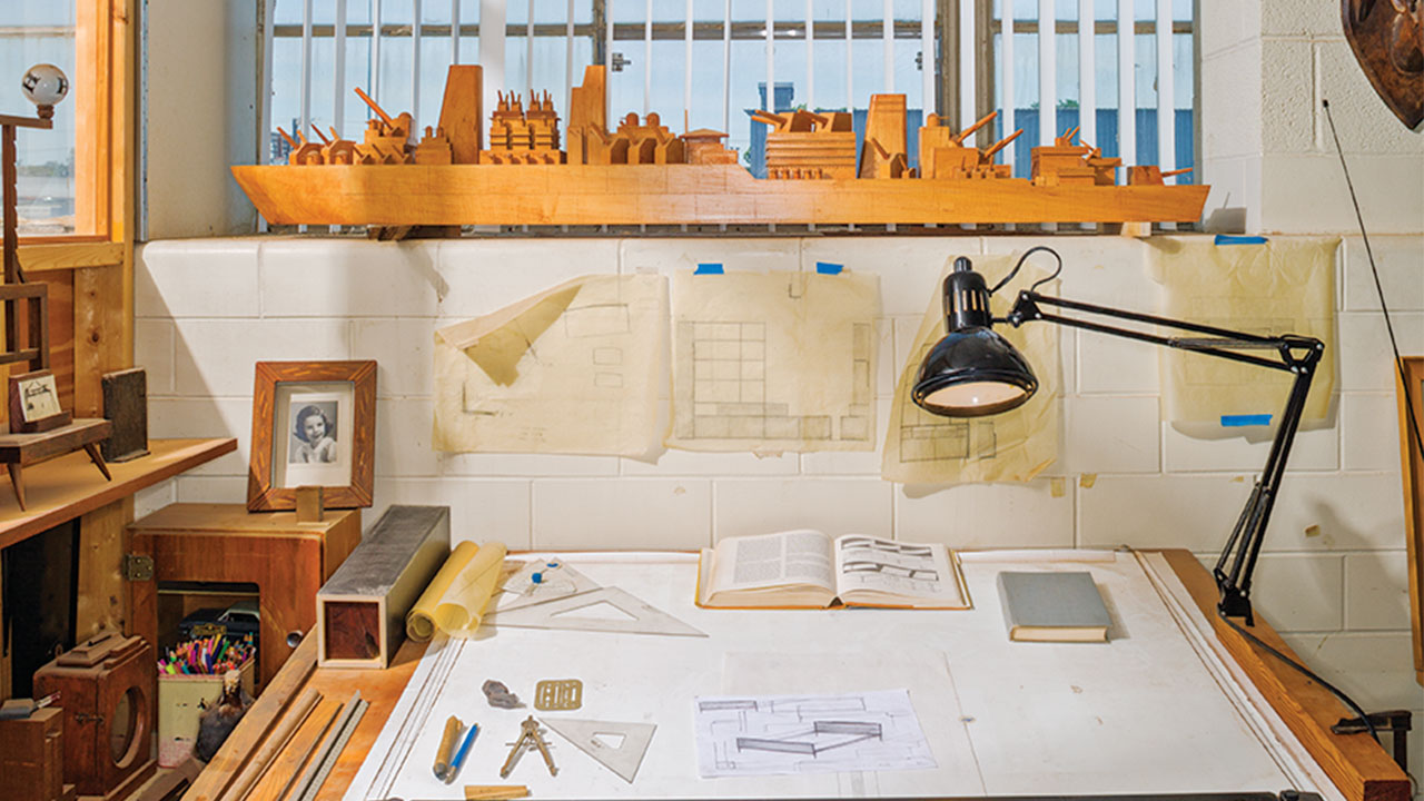 The drafting desk where Phillips sketches out all of his designs. Photograph by Jeff Wilson