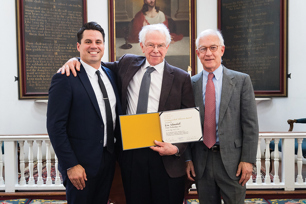 Eric Schandall (center) poses with Alumni Association President Mike Wilson (left) and NBSS President Miguel Gómez-Ibáñez (right).