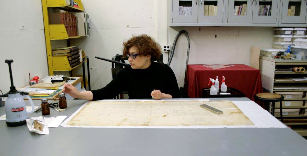 Irina Gorstein conserving a large paper document