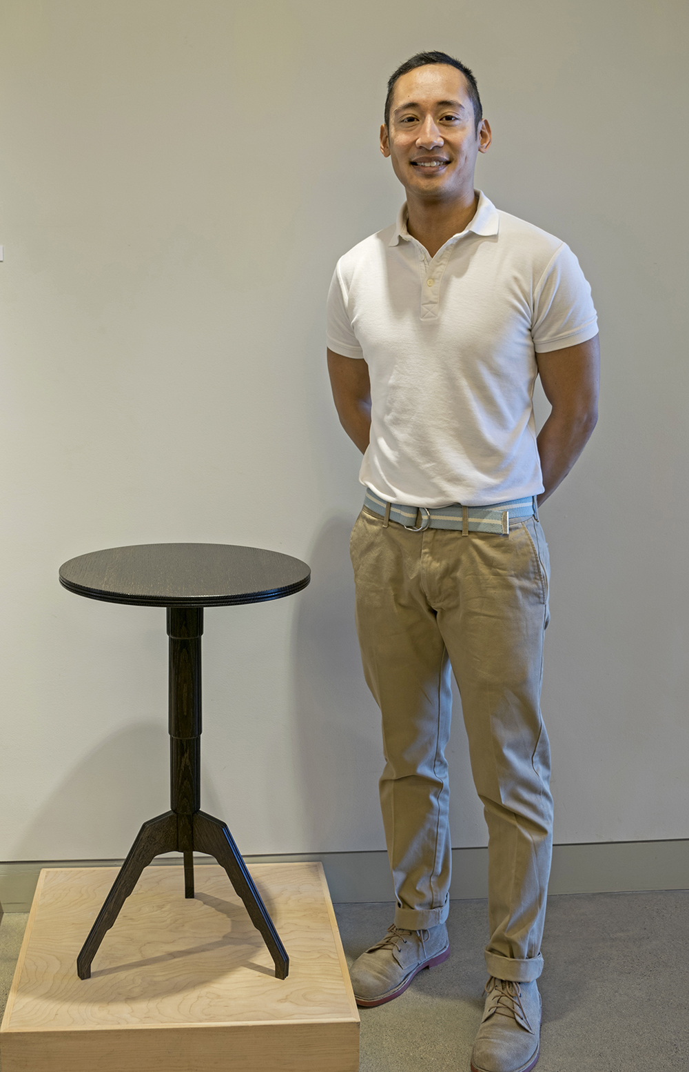 Jeffrey with one of his ebonized pedestal side tables 
