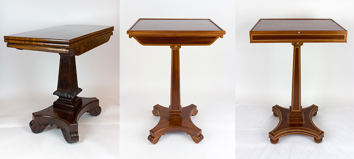 Grecian card table (left), Lance's two pedestal tables (right)