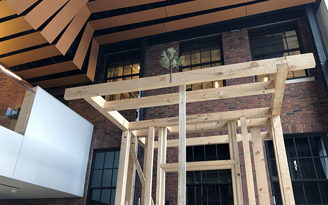 Pine bough on top of a timber frame structure