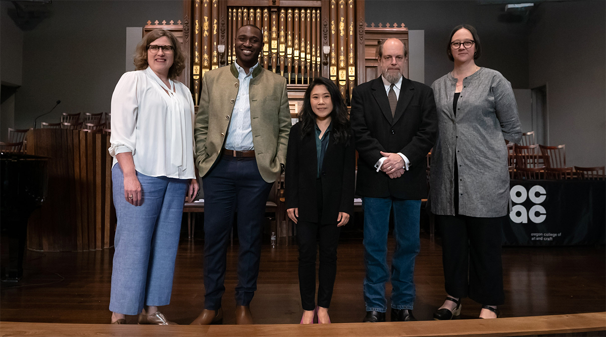 The Platform Party (from L to R): Sarah Turner, 2019 Commencement Speaker; Chris Potts, Dean of Student Affairs and Chief Enrollment Officer; Jiseon Lee Isbara, Interim President, Dean of Academic Affairs, and Professor; Karl Burkheimer, OCAC MFA in Craft Chair, and Sara Huston, Interim Chair of MFA Applied Craft + Design.