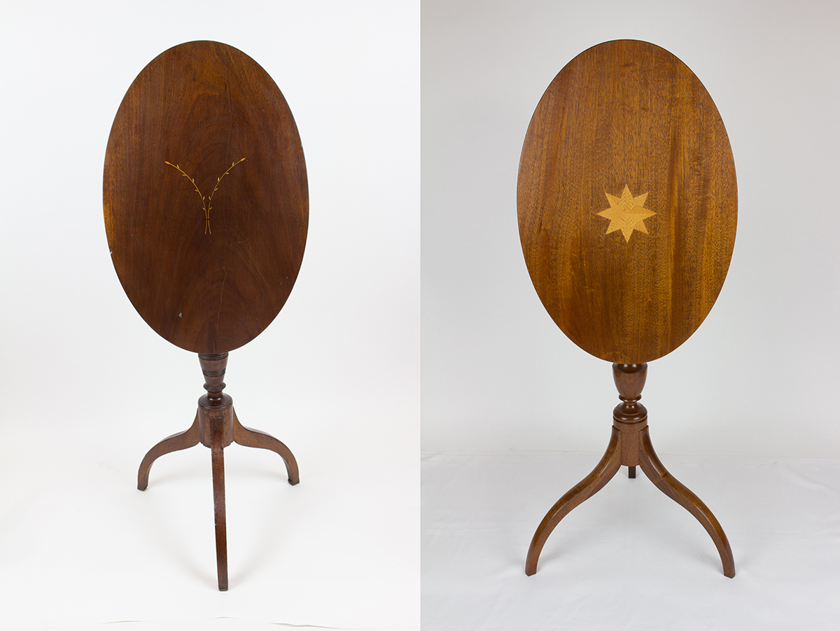 Tilt-Top Stand, ca. 1810, (left), Steve's Oval Tilt-Top Table (right)