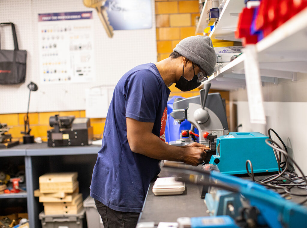 Student using a keying machine