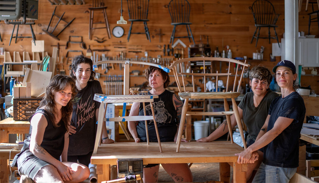 Instructors and students posed with an in-progress chair they designed collaboratively in a class hosted by New Hampshire-based chairmaker Peter Galbert. Photo: Audi Siosi.