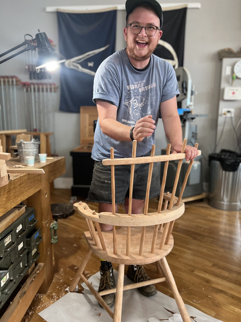 Lee Scheffey assembling the back of their windsor chair at Lost Art Press in Kentucky. Photo: Aspen Golann.