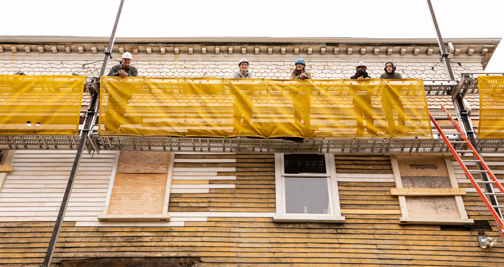 Preservation Carpentry students up on building scaffolding 