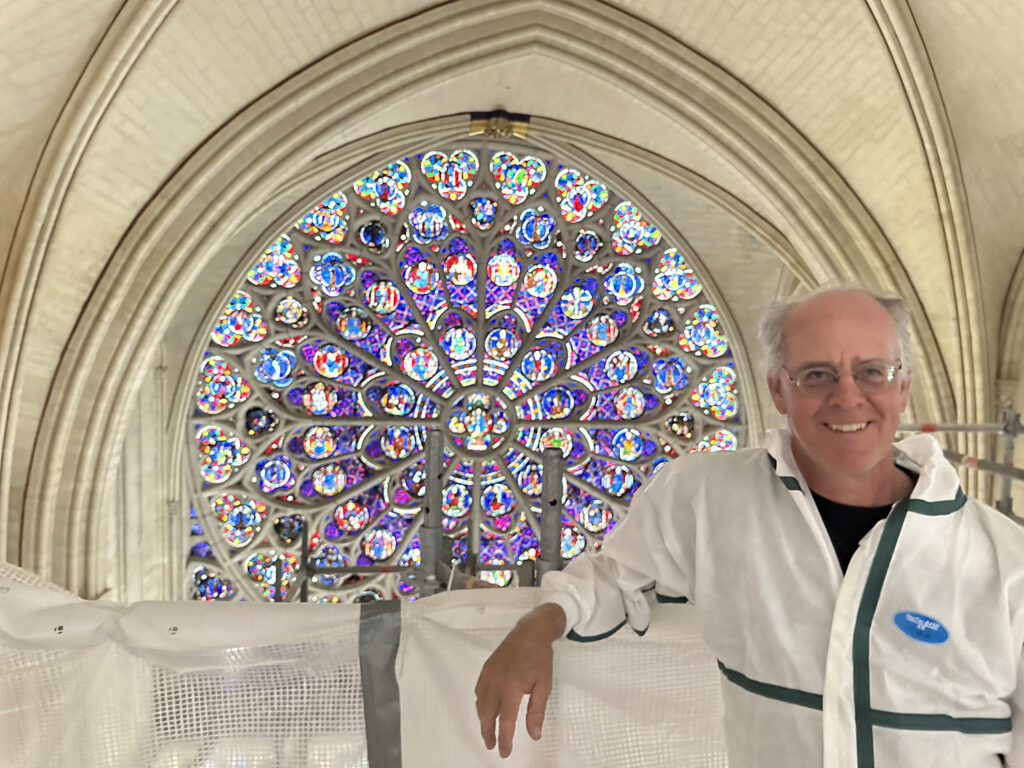 Michael Burrey touring the Notre Dame cathedral during the restoration