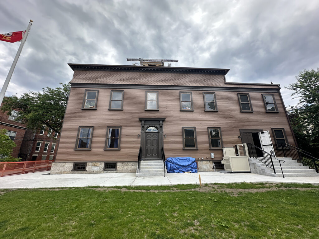 Exterior of the restored building in spring 2024