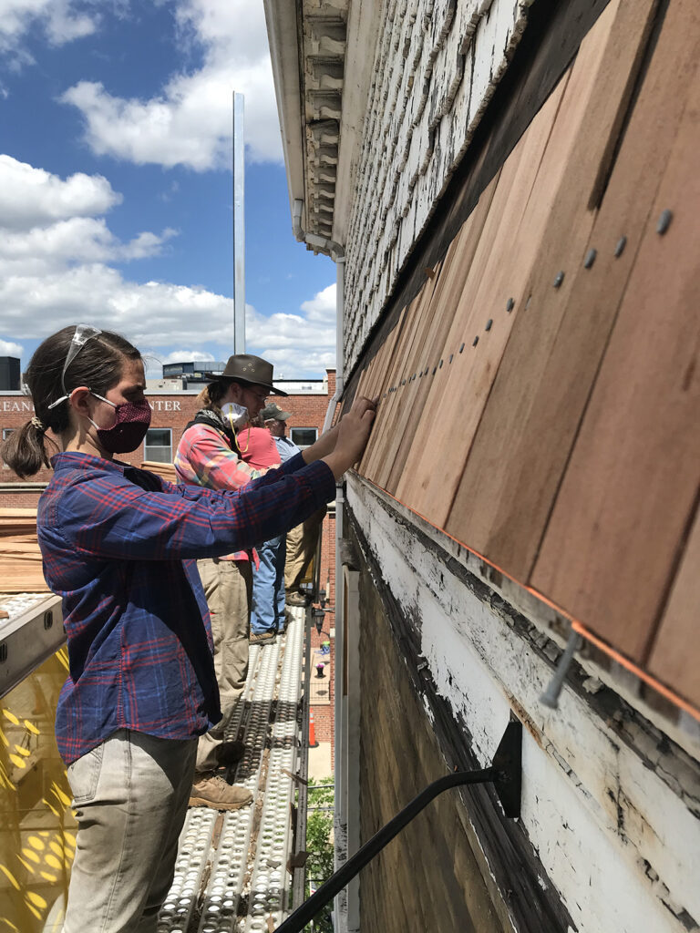 New shingles installed in June 2021. Photo by then-student Sophie Linnell PC ’21.