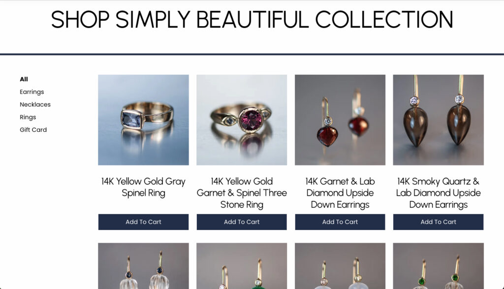 Screen shot of Katherine Alexander Jewelry website Simply Beautiful Collection