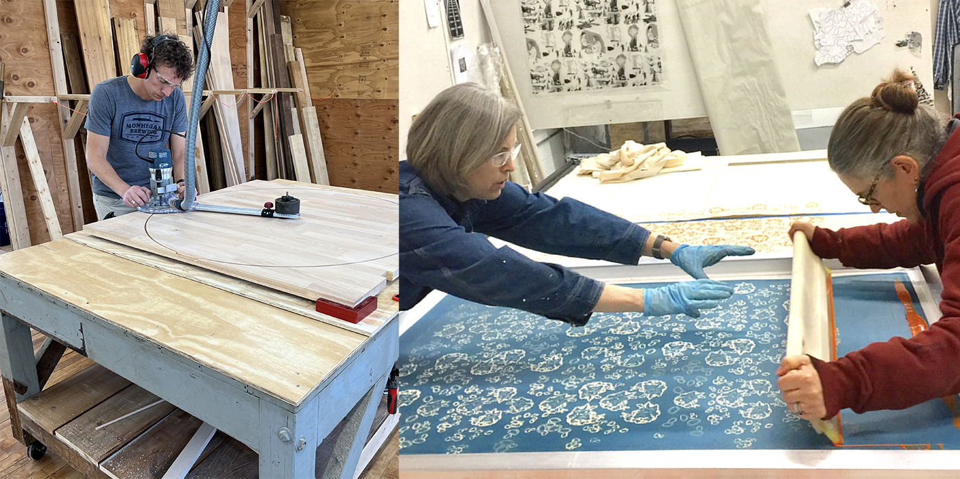 Sandy Weymouth (left) in his shop and Rebekah Lord Gardiner (right) screen printing at Shepherd & Maudsleigh Studio