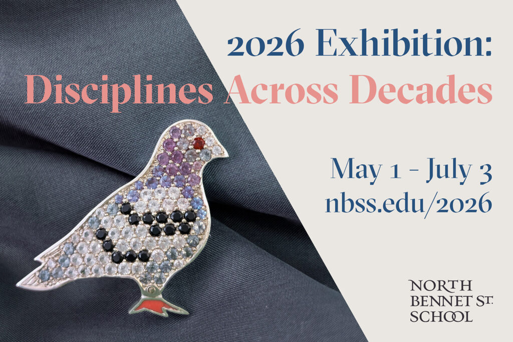 2026 Exhibition: Disciplines Across Decades, image of pigeon pin in lower left