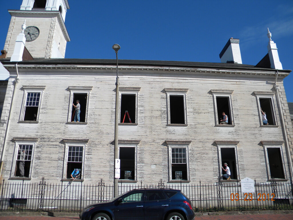 First Parish Church, Dorchester restoration work in March 2012