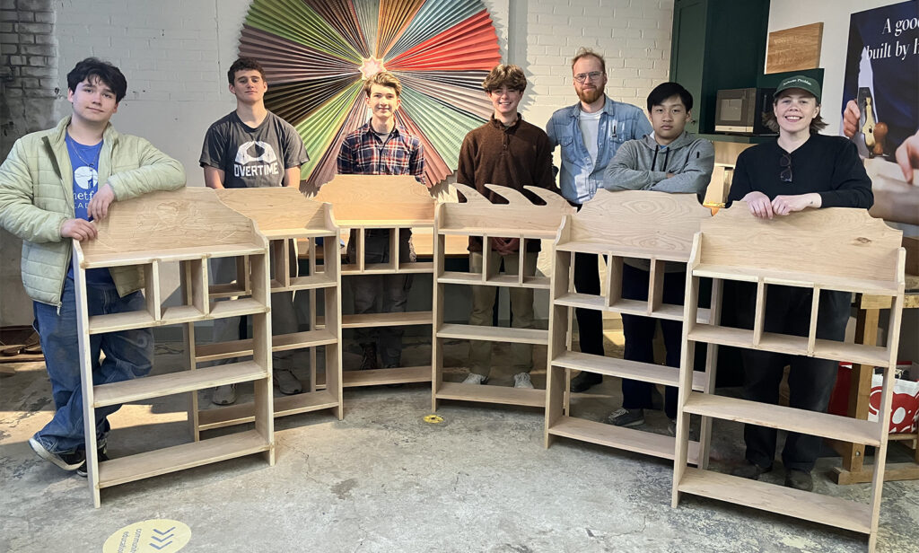 Woodworking Teen Intensive students and Instructors with their bookshelves